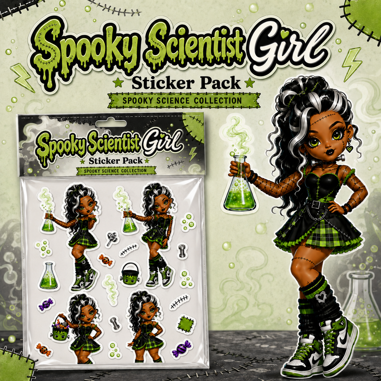 Spooky Scientist Girl Digital Sticker Sheet