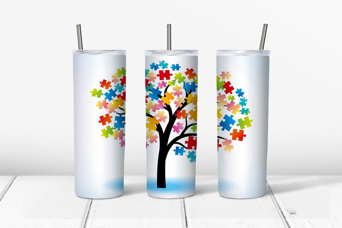 Autism Awareness Tree Tumbler Design, Puzzle Pieces, 20oz Skinny Tumbler Wrap (Digital Download)