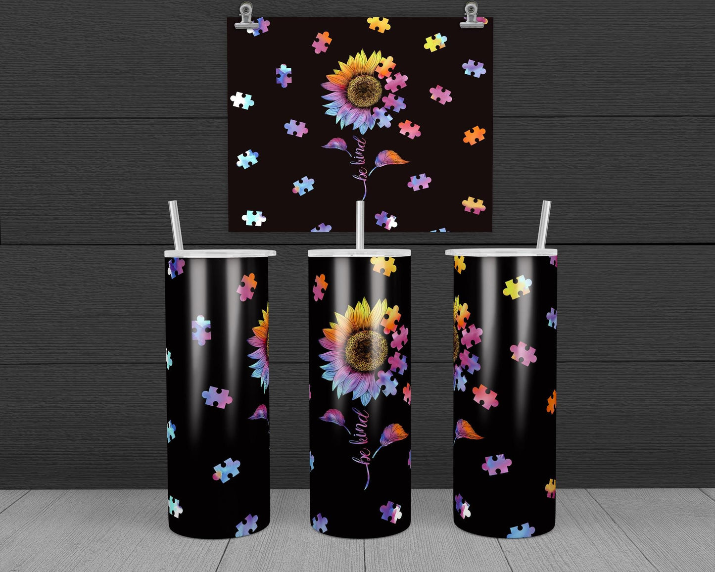 Be Kind Sunflower Puzzle Pieces Design, 20 oz skinny tumbler design, sublimation image, tumbler wrap,