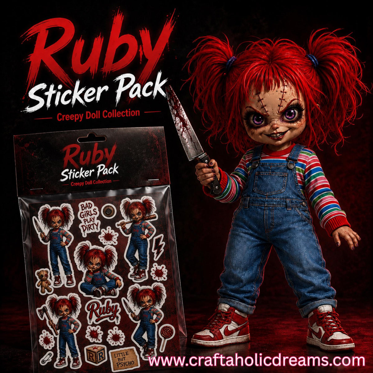 Ruby Creepy Doll Sticker Pack PNG | Horror Girl Digital Stickers | Spooky Doll Clipart | Halloween Sticker Sheet | Printable 5x7 PNG