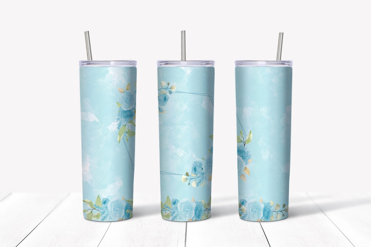 Blue Floral Frame Tumbler Design, 20 oz Skinny Tumbler Design, Sublimation Image, Tumbler Wrap, 20oz Tumbler Wrap