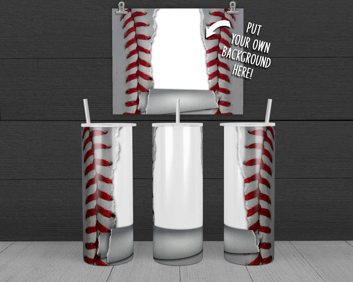 Torn Paper Baseball Tumbler Design, 20 oz Skinny Tumbler Wrap (Digital Download)