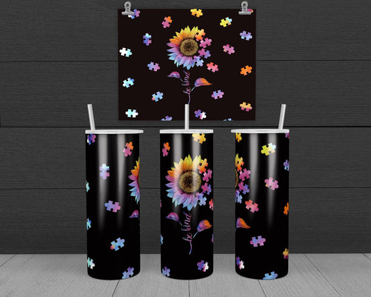 Be Kind Sunflower Puzzle Pieces Design, 20 oz skinny tumbler design, sublimation image, tumbler wrap,
