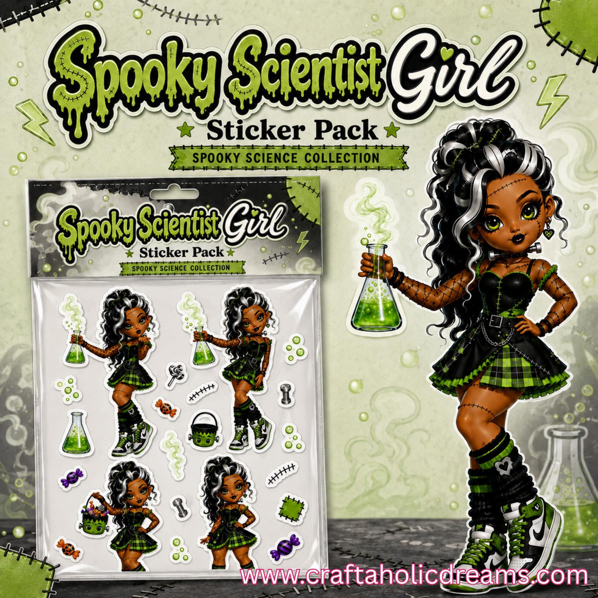 Spooky Scientist Girl Digital Sticker Pack | Halloween Girl Stickers | Spooky Science PNG Stickers | Digital Planner & Craft Stickers